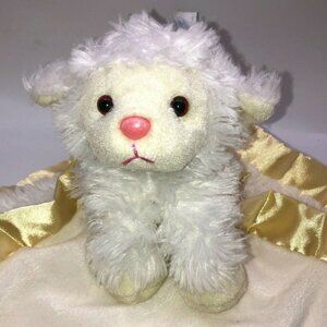 Aurora Baby White Lamb Sheep Lovey Security Blanket Yellow Satin Trim Plush EUC